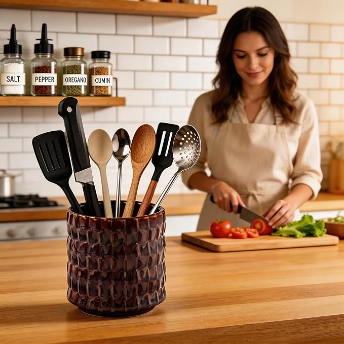 Utensil Crock Kitchen Utensil Holder, 5 Inches Small Ceramic Utensil Holder for Countertop, Unique Embossed Checkered Pattern, Cooking Utensil Crocks for Kitchen, Home Decor Gift 1 PC Plum Bronze
