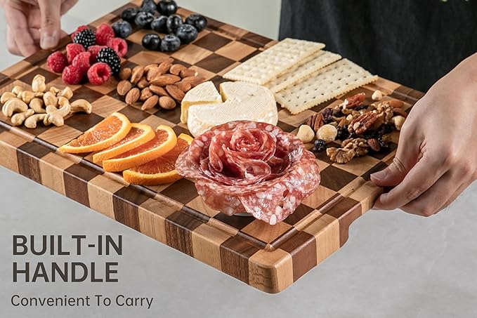 THETCHRY Cutting Boards for Kitchen, Checkered Cutting Board End Grain, Acacia Wooden Chopping Board with Juice Groove & Handle, Serving Tray for Meat, Bread & Fruit, 14"L x 11"W x 0.8"Th