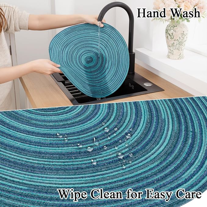 SHACOS 15 inch Round Placemats Set of 4 Variegated Multicolor Place Mats Cotton Polyester Braided Non Slip Washable Heat Resistant Table Mats for Home Wedding Dinner Party Table Decor, Rainbow Teal