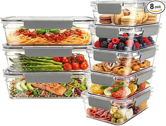 2.8L Tritan Plastic Food Storage Containers, Airtight Tritan Plastic Locking for Fridge Freezer, Meal Prep, Deli Meat, Snacks, 8 Containers with Lids, 16 pieces, Extra Large, Clear