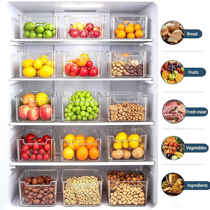 2026 New Crystal Clear Freezer Storage Bins, Clear Plastic Bins for Refrigerator & Pantry, Refrigerator Organizers, Stackable Kitchen Cabinet Organizers with Handles (Transparent white, 4L)