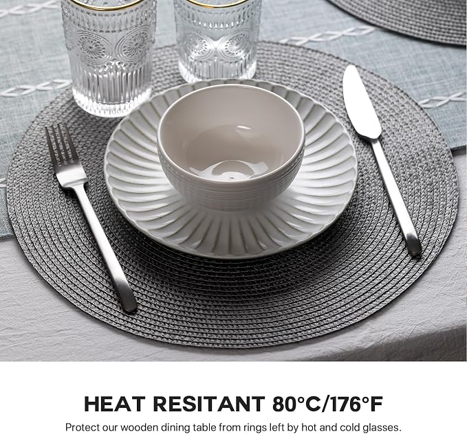 Baroyal Round Placemats Set of 12 Plastic Woven Placemats Washable Wipeable Table Mats for Dining Table Heat Resistant Non-Slip Circle Place Mats (Gray)