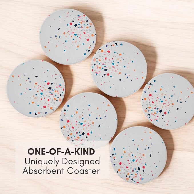 Terrazzo Coasters Set of 6, Ceramic Absorbent Drink Coasters, Cute Mid Century Boho Coaster, Coffee Table Desk Decor, Colorful Stone Coaster for Drinks