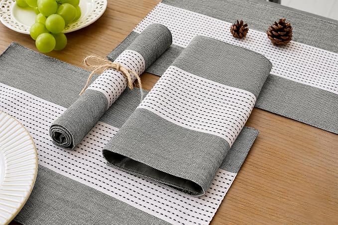 Wracra Linen Placemats Set of 4, Black Macrame Place Mats for Kitchen Table | Stripe Placemats 12 x 18 Inch; Heat Resistant Table Mats; Premium Cotton Linen Woven Fabric; Delicate Splicing Designs