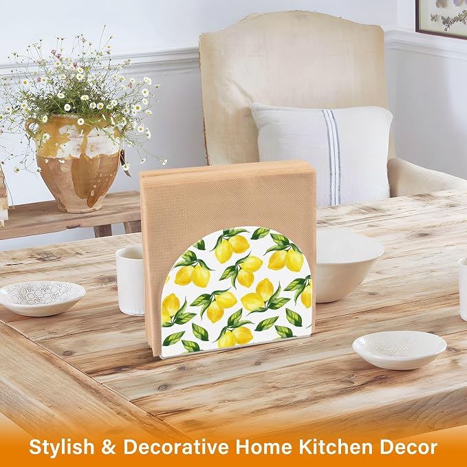 Yellow Lemon and Green Leaves on White Napkin Holder for Tables Paper Cocktail Napkin Holders for Kitchen and Dinning, Acrylic Dinner Napkin Dispenser for Restaurant Home Decor Bar Accessories 2 Pack