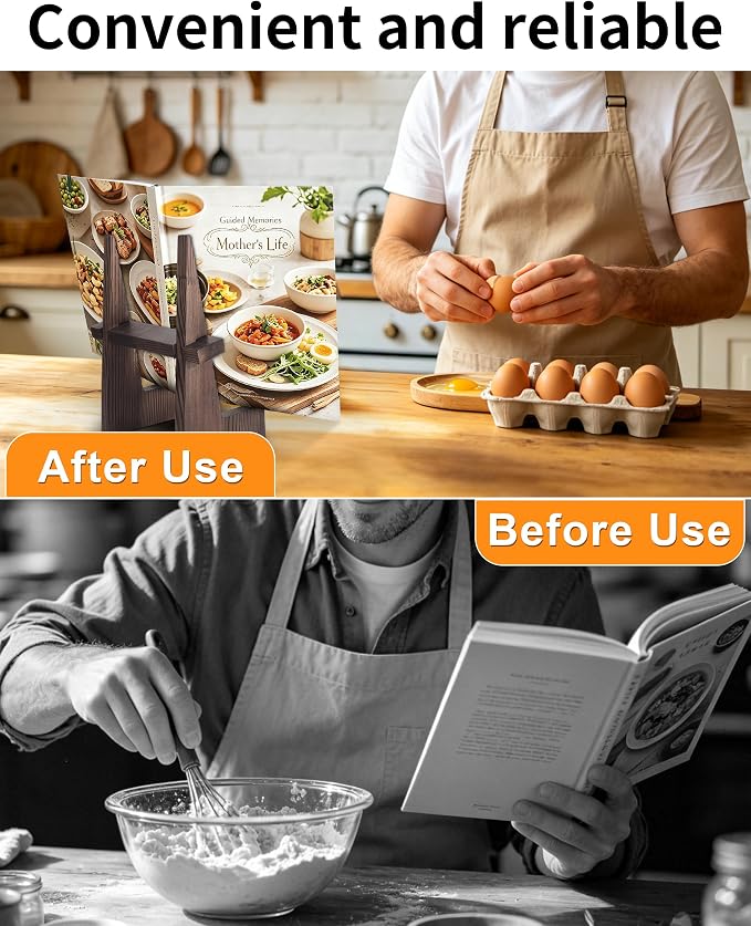 Cookbook Stand for Kitchen, Wooden Cookbook Holder, Rustic Cook Book Holder Stand with Natural Wooden Grains, Recipe Book Holder for Kitchen Counter Gift for Home Chefs Cook Lovers