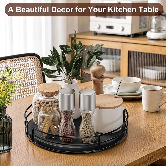 Optish 10" Lazy Susan Turntable for Table Top, Wooden Lazy Susan Organizer for Cabinet, Kitchen, Countertop, Pantry, Spice Organizer, Bathroom, Vanity, Table Decor, Black, Non-Slip Bottom