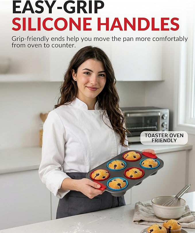 Boxiki Kitchen Non-Stick Steel 6 Cup Muffin Pan with Silicone Handles and Reusable Liners - Perfect for Baking Large Muffins and Cupcakes