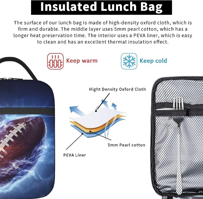 Football Lunch Box Insulated Thermal Reusable Lunch Bag Cooler Totes For Men Work Office Picnic Hiking