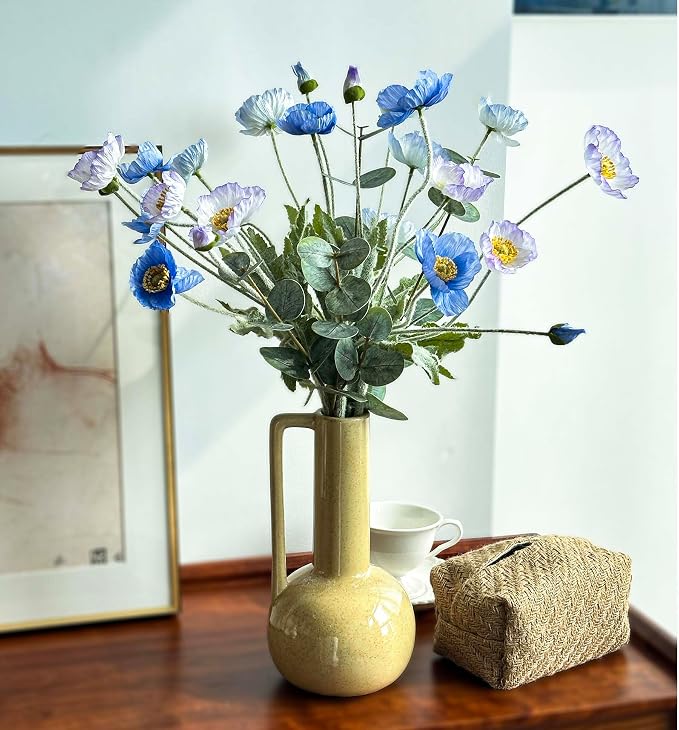 Blue Poppy Artificial Flowers and Eucalyptus Stems mixed, Fake Silk Flowers with Stems for Vase, Faux Floral Arrangements for Wedding Party Farmhouse Home Office Table Centerpieces Decoration