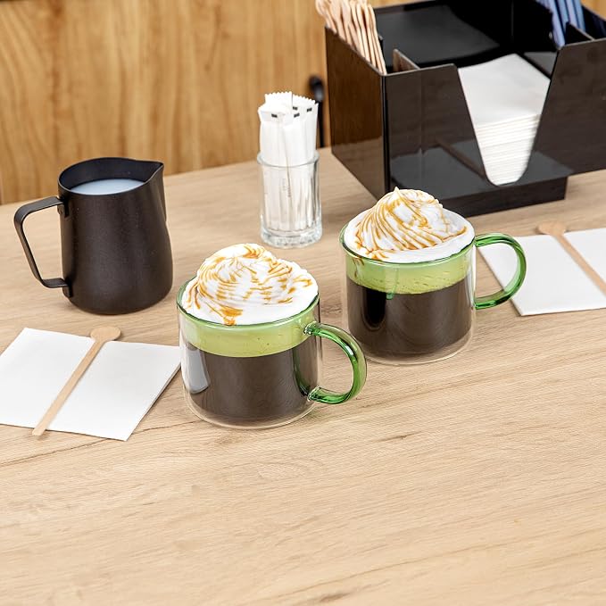 Restaurantware Coffee Cups 2 Pack of 11 oz Double Wall Glass Insulated Coffee Cup Borosilicate Mug Thermal Shock Resistant Handle Modern Design
