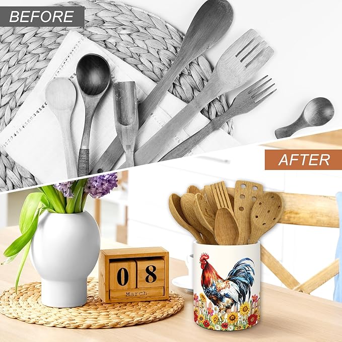 JarThenaAMCS Vintage Rooster Sunflower Ceramic Utensil Holder Rooster Floral Utensil Crock for Farmhouse Home Kitchen Countertop Storage Organizer Container