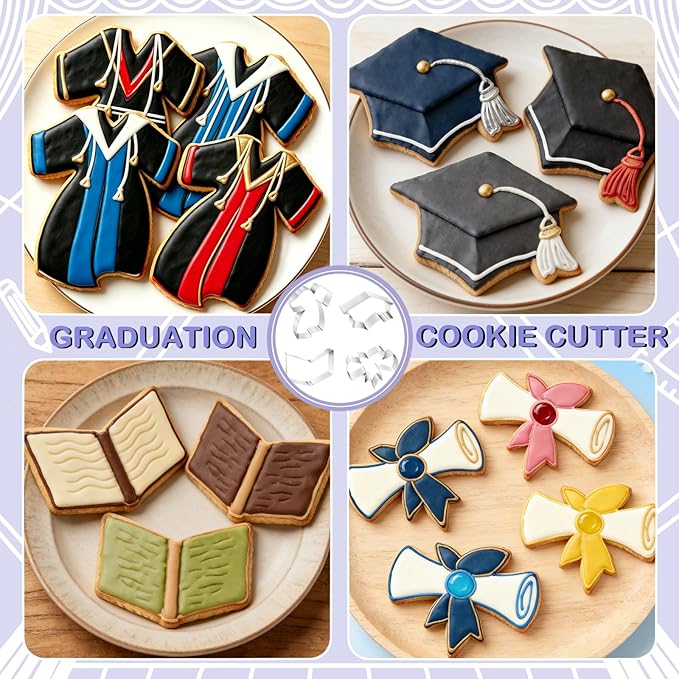 Graduation Cookie Cutters Set 4 Pieces, Stainless Steel Graduation Cap, Diploma, Graduation Gown, Cookie Cutters for Graduation Celebration Party
