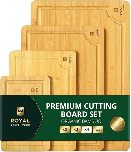 ROYAL CRAFT WOOD Wooden Cutting Boards for Kitchen Meal Prep & Serving - Bamboo Wood Serving Board Set with Deep Juice Groove Side Handles - Charcuterie & Chopping Butcher Block for Meat