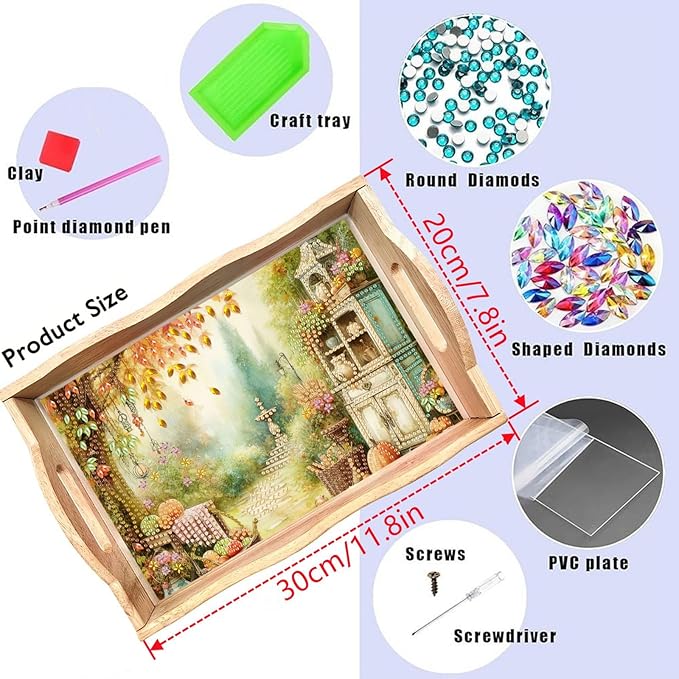 DIY Diamond Serving Tray Diamond Art Painting Creative Design Handmade Wooden Tray Dinner Plate for Coffee Breakfast Home Organizer-Autumn Garden