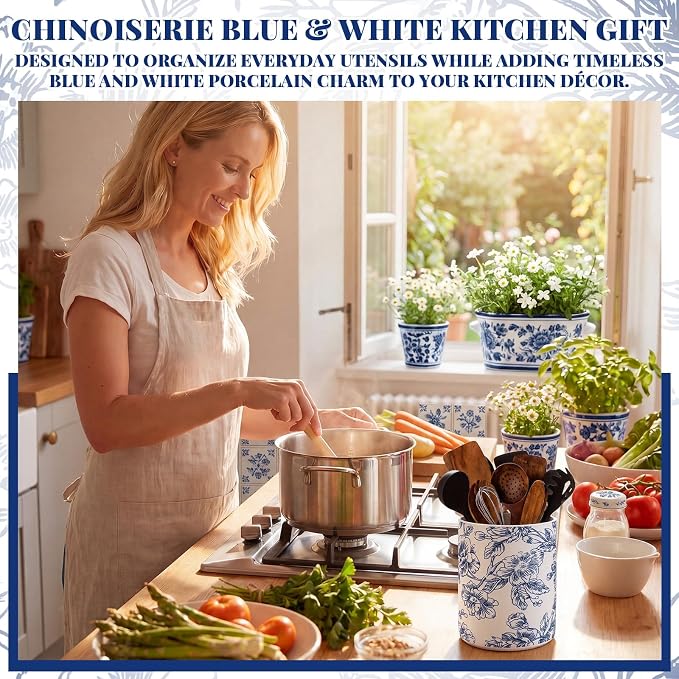 Suclain Blue Floral Ceramic Utensil Holder 6.3 Inch Chinoiserie Vintage Kitchen Crock Blue and White Floral Countertop Storage Organizer for Spatulas and Spoons Home Cooking Unique Gift Idea