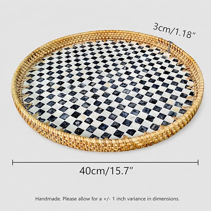 16" Rattan & Mother of Pearl Lazy Susan with Checkerboard Pattern - Round Black & White Rotating Base - Artistic Centerpiece for Charcuterie, Snacks & Coffee Tables