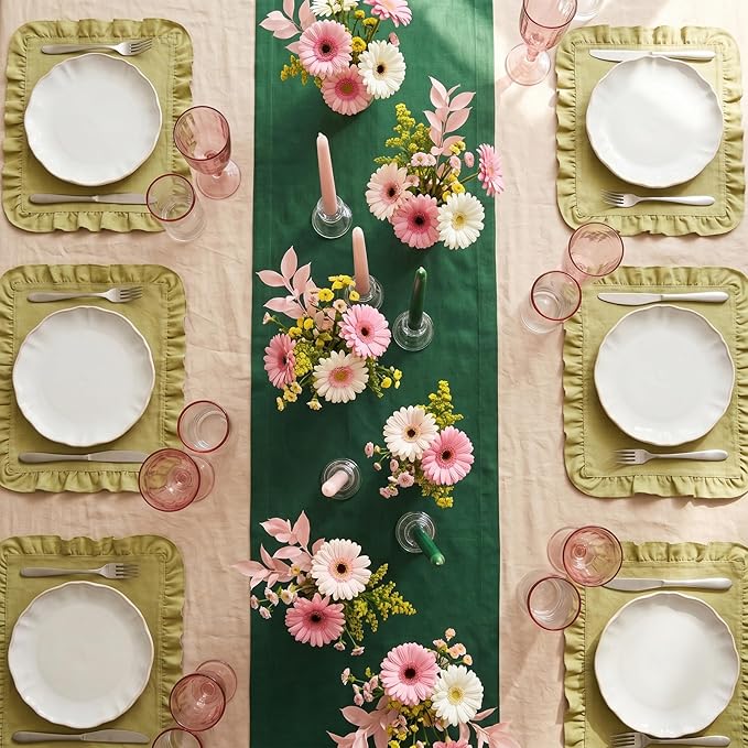 Solino Home Linen Pine Green Table Runner 90 Inches Long - 100% Pure Linen 14 x 90 Inch Table Runner - Fete