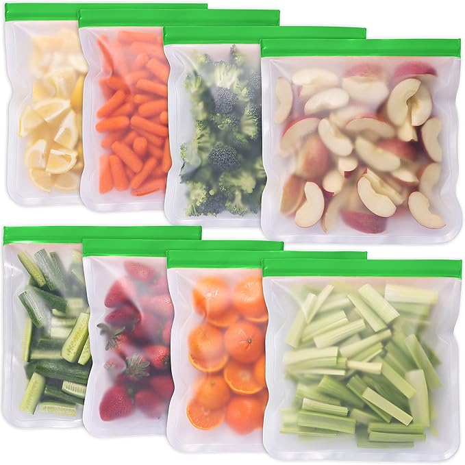 GREENZLA Reusable Freezer Bags, 8-Pack Extra Thick and Leakproof & Resealable - For Safe Food Storage, Marinating, Snacks, & Meal Prep, Reusable Bags for Food, & Freezer Safety
