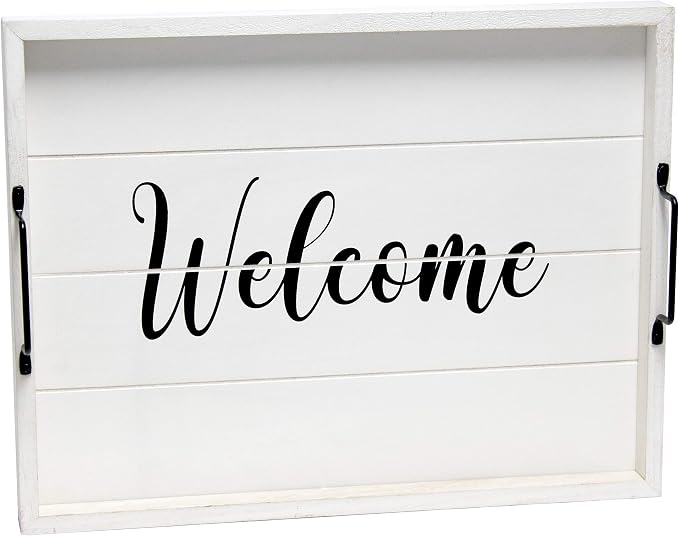 Elegant Designs HG2000-WWC Decorative Wood Serving Tray w/Handles, 15.50" x 12", Welcome (Pack of 10)
