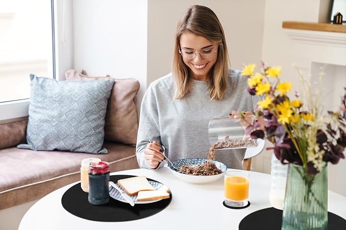 homing Round Faux Leather Placemat and Coaster 6 Packs, Washable Heat Resistant Dining Place Mats, Wipeable Double-Sided Table Mats for Indoor and Outdoor, Diameter 13 and 3.93 inch, Black