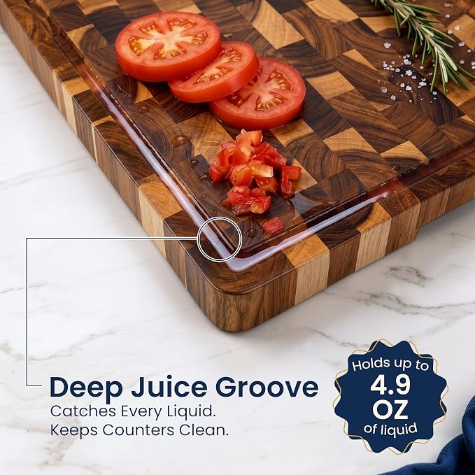 HOMESTEAD End Grain Acacia Wood Cutting Board 23x18x1.5, Reversible Butcher Block Board for Kitchen with Deep Juice Groove, Handles, Knife-Friendly Surface for Meat Chopping and Charcuterie Serving