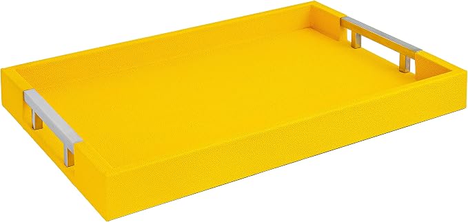 Modern Elegant 17.5"x12" Rectangle Yellow Shagreen Faux Leather Decorative Tray Ottoman Coffee Table Perfume Dresser Kitchen Serving Tray with Silver Metal Handles by Home Redefined for All Occasion's