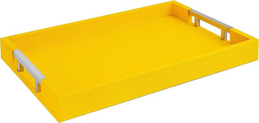 Modern Elegant 17.5"x12" Rectangle Yellow Shagreen Faux Leather Decorative Tray Ottoman Coffee Table Perfume Dresser Kitchen Serving Tray with Silver Metal Handles by Home Redefined for All Occasion's