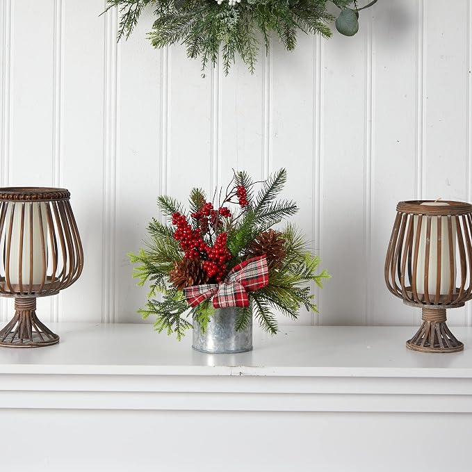 Nearly Natural 12in. Holiday Winter Pinecones, Berries, Greenery and Plaid Bow Artificial Christmas Table Arrangement (Pack of 3)