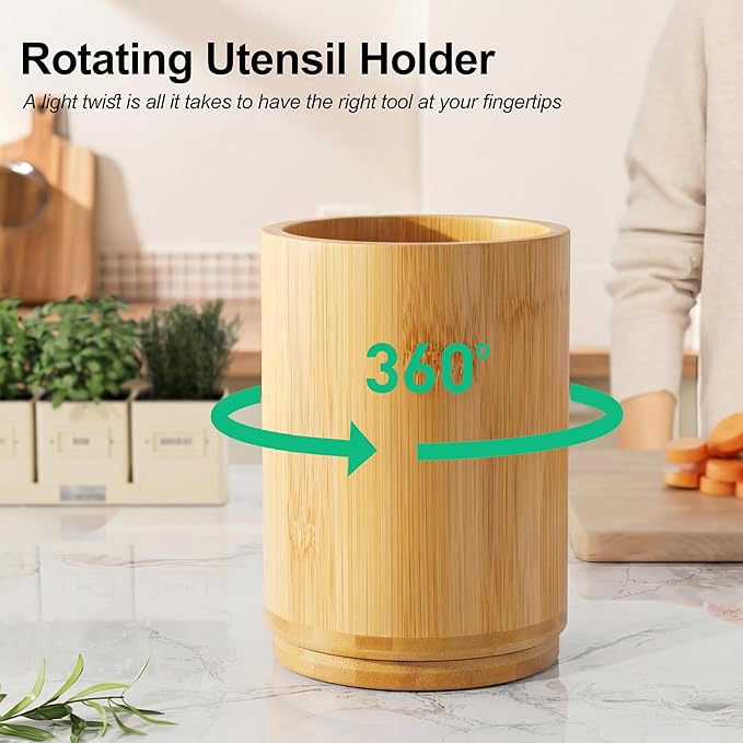 ZUJJAFY Bamboo Utensil Holder, 360° Rotating Kitchen Utensil Holder for Counter, 7.2" Large Cooking Utensil Crock for Countertop, Utensils Organizer for Cooking Spatula Storage