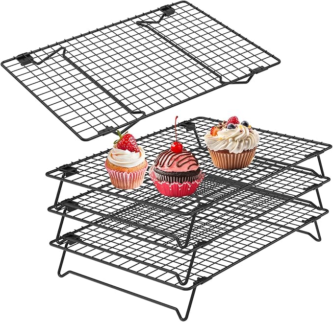 4 Pack Cooling Racks for Cooking and Baking, 13.4 x 9.4 Inch 4-Tier Stackable Tall Baking Racks, Carbon Steel Roasting Wire Rack for Baking, Oven Cooking, Grilling Making Jerky (Black, 13.4“ x 9.4”)