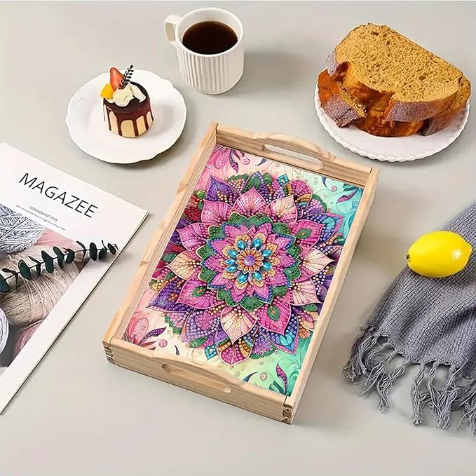 BAYUNOE DIY Diamond Serving Tray Rectangular Breakfast Tray with Handle Handmade Diamond Art Painting Wooden Tray Spring Creative Dinner Plate Coffee Room Living Home Organizer-Mandala