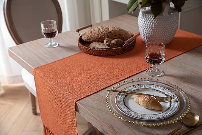 ZeeMart Burnt Orange Table Runners 72 Inches Long, Burlap Linen Style Rustic Farmhouse Fall Table Runner, Boho Woven Dining Table Runner, 13x72 Inches, Harvest Pumpkin