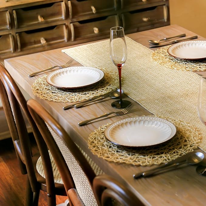 AHHFSMEI Paper Braided Round Placemats Set of 6 Natural Non-Slip Heat Resistant Table Mats for Dining Tables Woven Indoor & Outdoor Place mats(Beige)