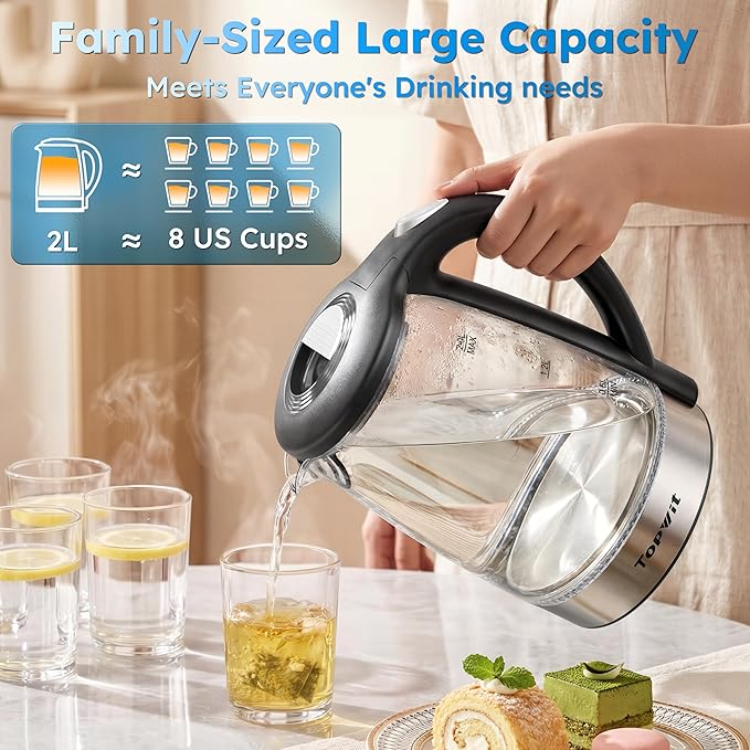 TOPWIT Electric Kettle Glass Hot Water Kettle, 2.0L Water Warmer, BPA-Free Stainless Steel Lid & Bottom, Tea Kettle with Fast Heating, Auto Shut-Off & Boil Dry Protection