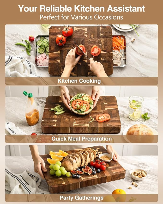 XINZUO Large Thick End Grain Acacia Wood Cutting Board -(16‘’L x 12''W x 1.6''T)-Dark Wood Cutting Board,Reversible Wooden Chopping Board with Non-Slip Feet-Catches Food and Waste-Giftbox