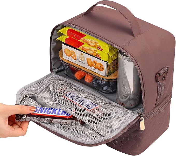 NISHEL Lunch Bag for Women, lunch box with Insulated Compartment and strap | Double-layer lunch bag with insulated compartments for meals, snacks and drinks, ideal for work and daily use, Rosewood-Pink