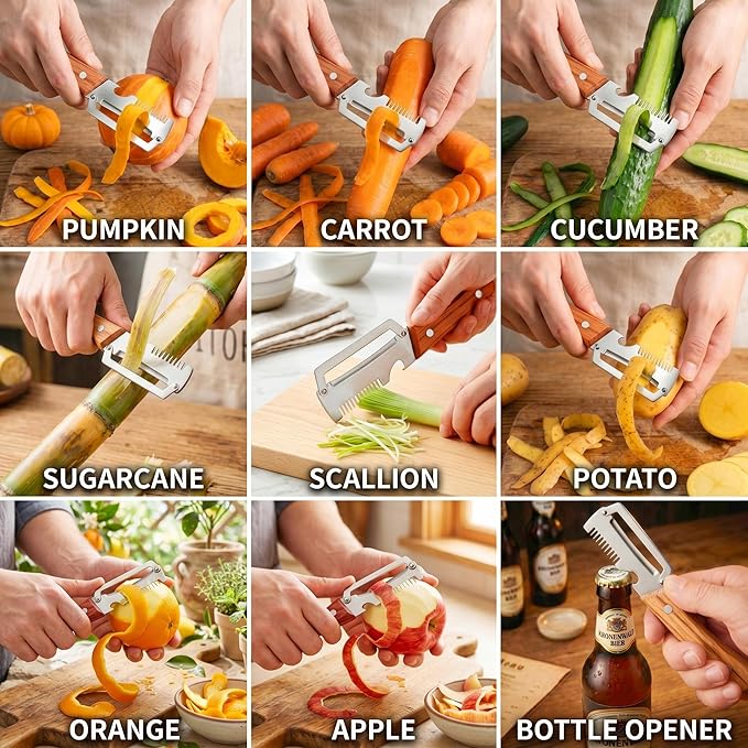 Multifunctional Vegetable Peeler for Kitchen,3 in 1 Stainless Steel Peeler with Wooden Handle and Bottle Opener Fruit Peeler Knife Scallion Shredder,Zero Snag Wooden Kitchen Tool