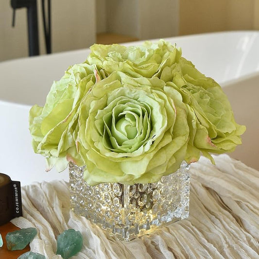 Artificial Rose in Glass Vase Vintage Silk Flower Arrangement with LED Light for Table Centerpiece Home Wedding Decoration (Apple Green)