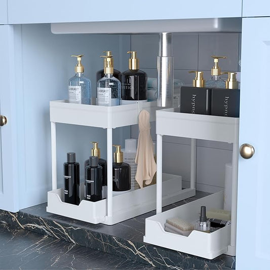 Under Sink Organizer - 2 Pack | Pull out Bathroom Organizer | 2 Tier Slide out Bathroom/Kitchen Organizers and Storage | White