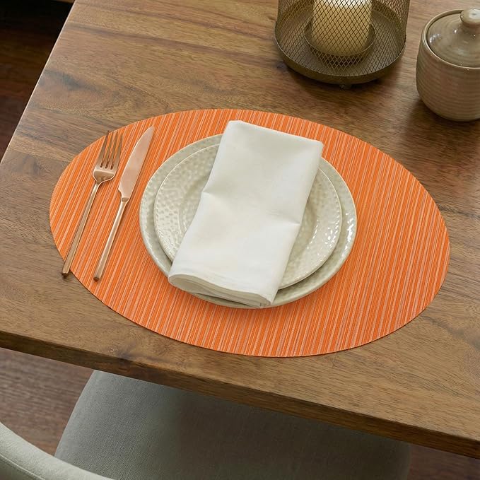 AHHFSMEI Oval Placemats Set of 6 Woven Vinyl Non-Slip Heat Resistant Stain Resistant Easy Clean Place mats for Dining Table(Orange)