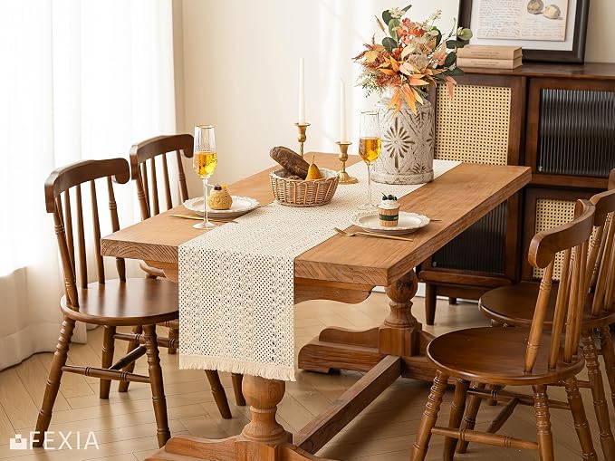 FEXIA Boho Table Runner for Home Decor with Tassels 72 Inch Farmhouse Burlap Table Runner Rustic Lace Decoration for Living Room Dining Table, Entryway Kitchen Natural Beige (12x72 Inch)