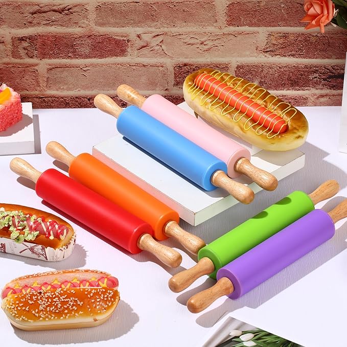 Dandat 12 Pcs Small Rolling Pin Kids 12 Inch Mini Silicone Rolling Pin for Baking Non Stick Kids Dough Roller with Wooden Handle for Kitchen Cookie Pastry Fondant Cake 6 Colors