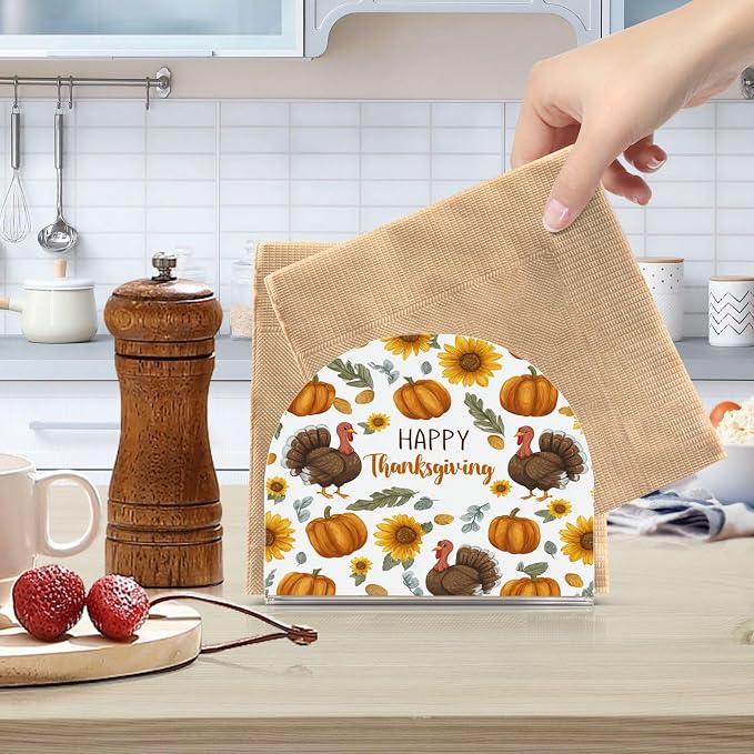 Napkin Holder Acrylic Napkin Holder for Table Kitchen Party Restaurant U Shaped Upright Napkin Dispenser Organizer Thanksgiving Turkeys Sunflowers White