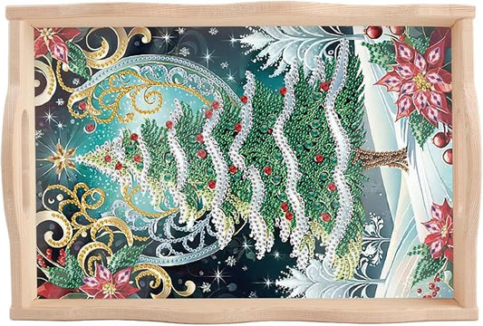 DIY Diamond Serving Tray Rectangular Breakfast Tray with Handle Handmade Diamond Art Painting Wooden Tray for Dinner Plate Coffee Room Living Home Organizer-Christmas Tree