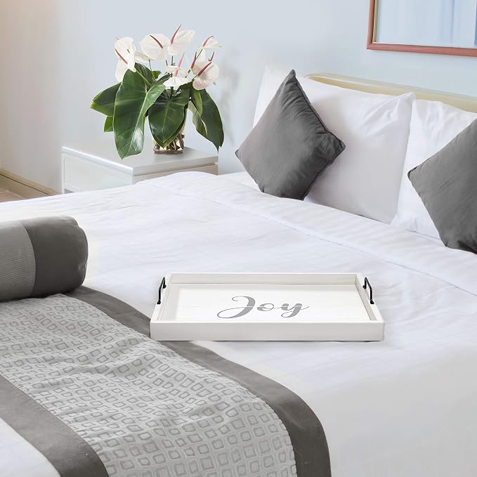 Elegant Designs HG2000-WJY Christmas Decoration 15.50" x 12" Decorative Wood Serving Tray w/Handles, White Wash Joy