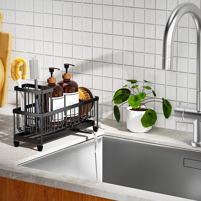 Cisily Sponge Holder for Kitchen Sink, Sink Caddy Organizer with High Brush Holder, Kitchen Countertop Organizers and Storage Essentials, Rustproof 304 Stainless Steel (Black, 10.62″)