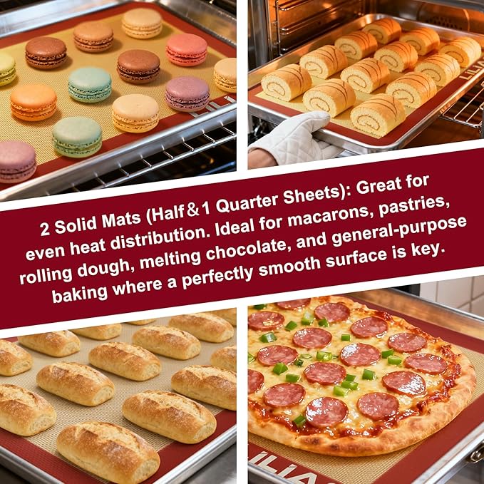 LILIAO Silicone Baking Mat, 3-Pack Non-Stick Reusable Baking Mat, Oven Baking Sheet for Making Cookies, Macaroons, Bread and Pastry (Red)