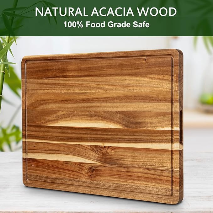 GarveeHome 1.5" Thick Acacia Wood Cutting Board, 20" x 15" Chopping Board for Kitchen, with Juice Groove and Handle, Reversible