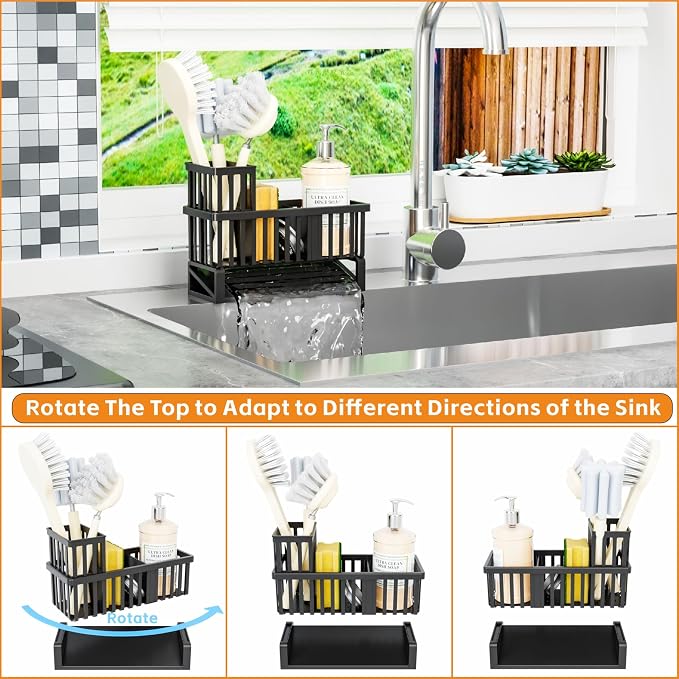 Yieach Rustproof Kitchen Sink Caddy Organizer,Plastic Scrubber,Dish Sponge Holder,Dish Soap Rack & Dispenser,Multifunctional Sponge Drain Rack,Dish Soap Caddy & Storage Organization Accessories,Black